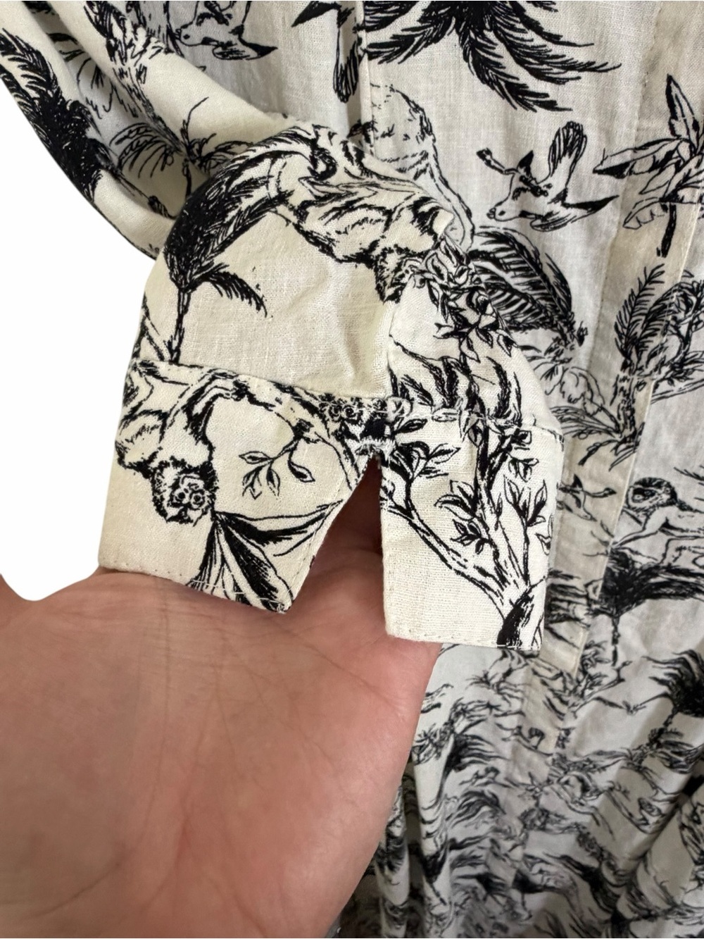 Joie Linen Blend Tropical Toile Shirt Dress XS Ivory Black Pockets Button Snap - Picture 8 of 12